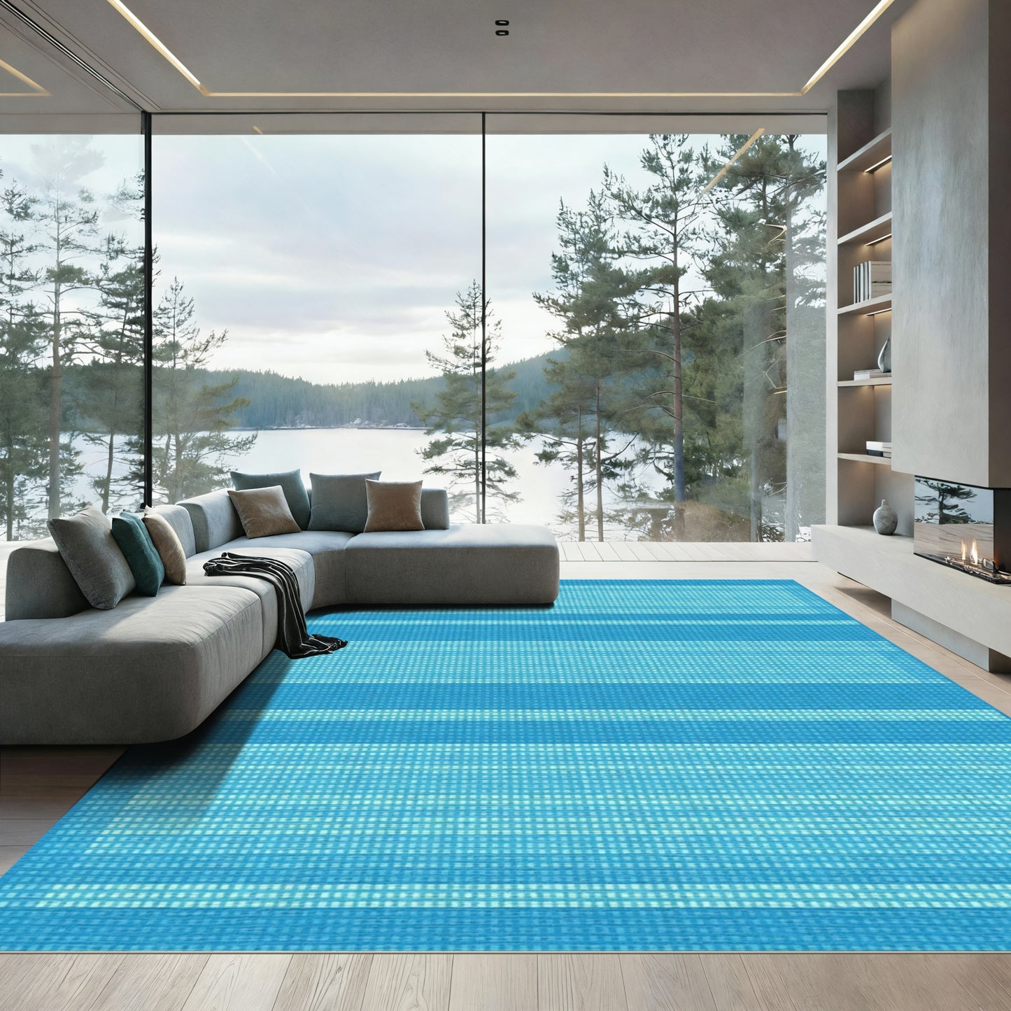 Aqua Blue Muted Striped Rectangles Rug