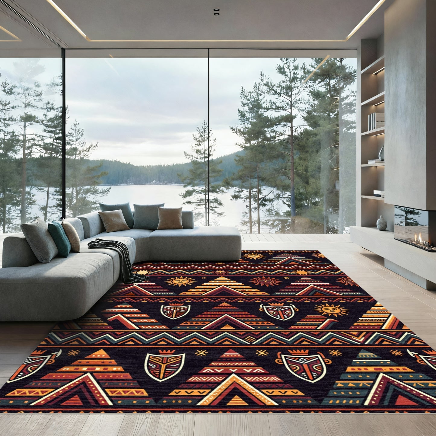 Tribal Earthy Sun Temple Geometric Rug