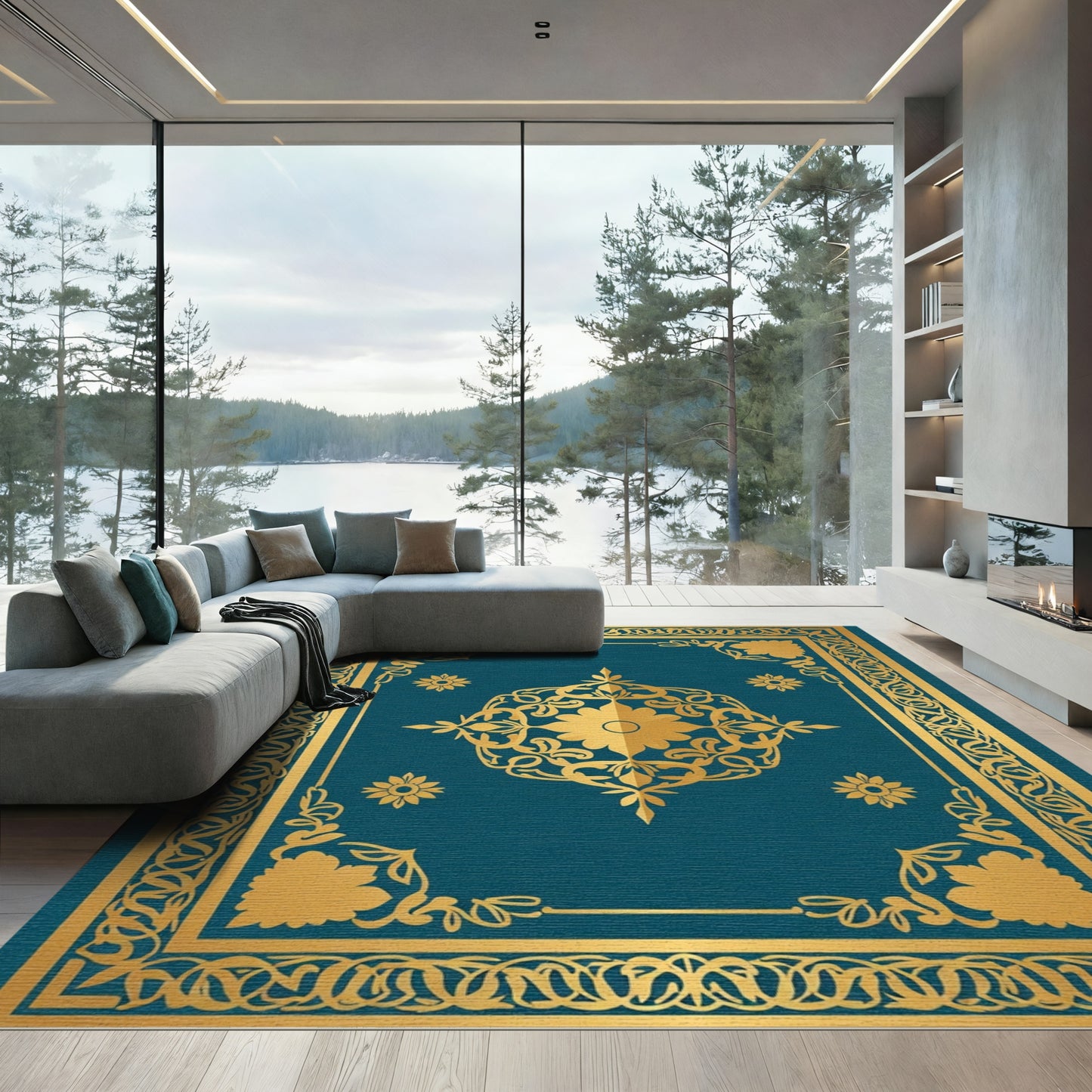 Ornate Teal Gold Floral Medallion Rug