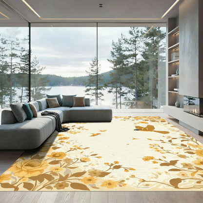 Golden Botanical Birds and Blossoms Rug