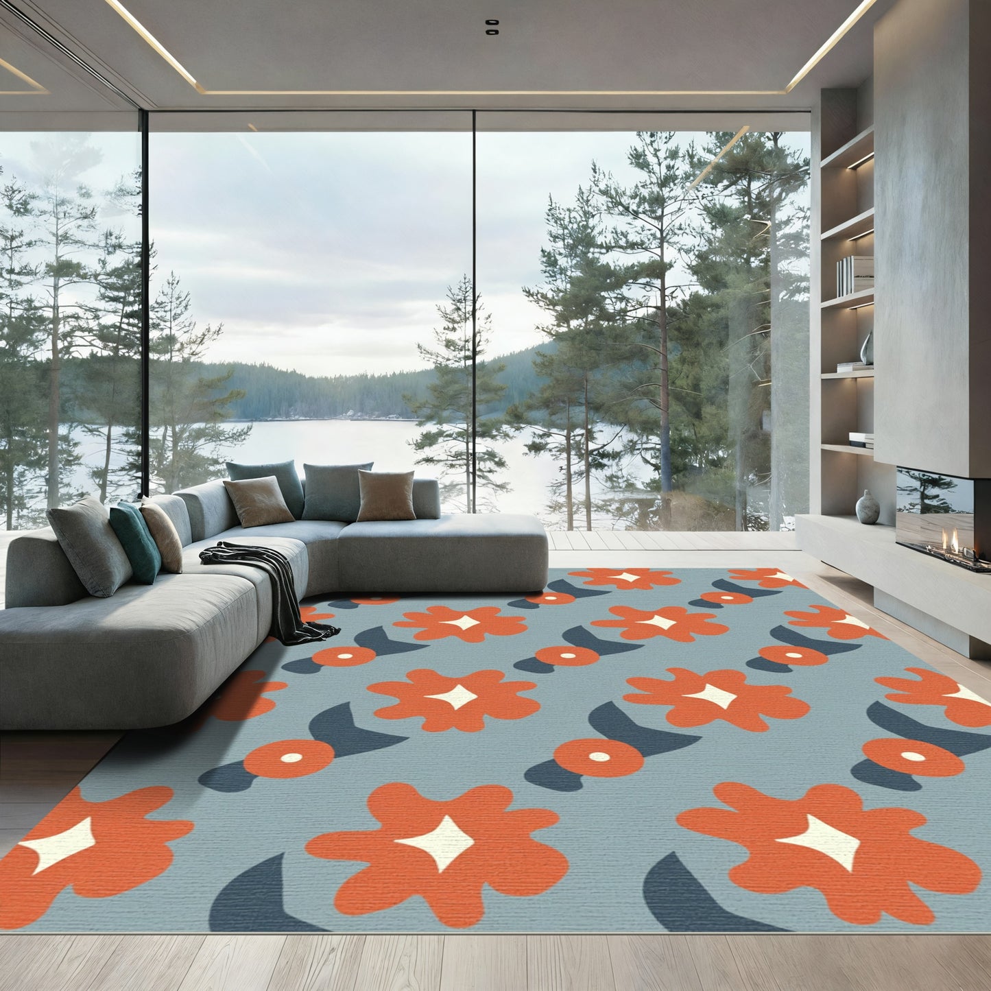 Retro Orange Flower Diamond Pattern Rug