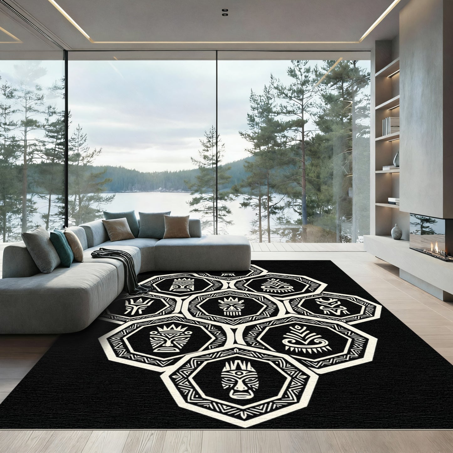 Monochrome Tribal Hexagon Totem Art Rug