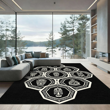 Monochrome Tribal Hexagon Totem Art Rug