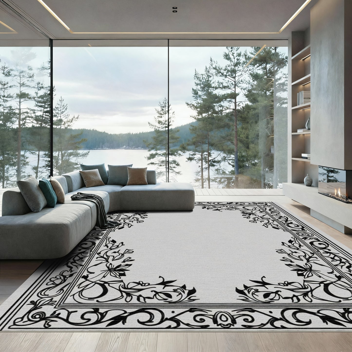 Black Ivory Floral Scroll Border Rug
