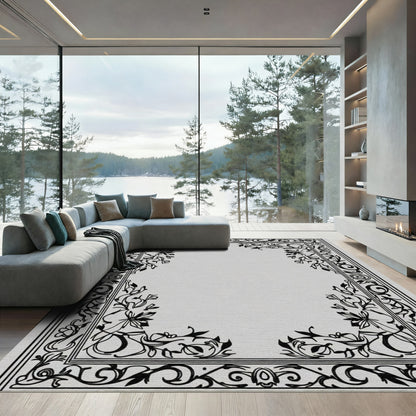 Black Ivory Floral Scroll Border Rug