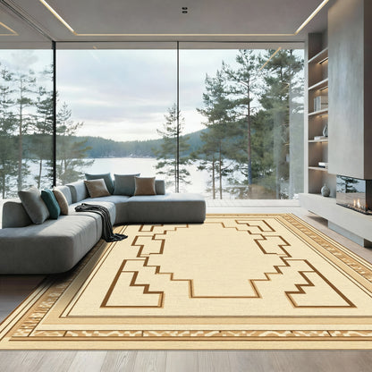Earthy Tan Geometric Steps Frame Rug