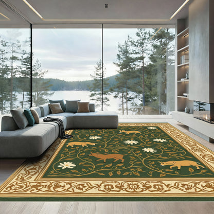 Golden Deer Floral Vine Border Rug