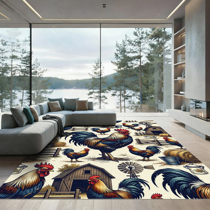 Rustic Farmhouse Rooster Barnyard Illustration Rug
