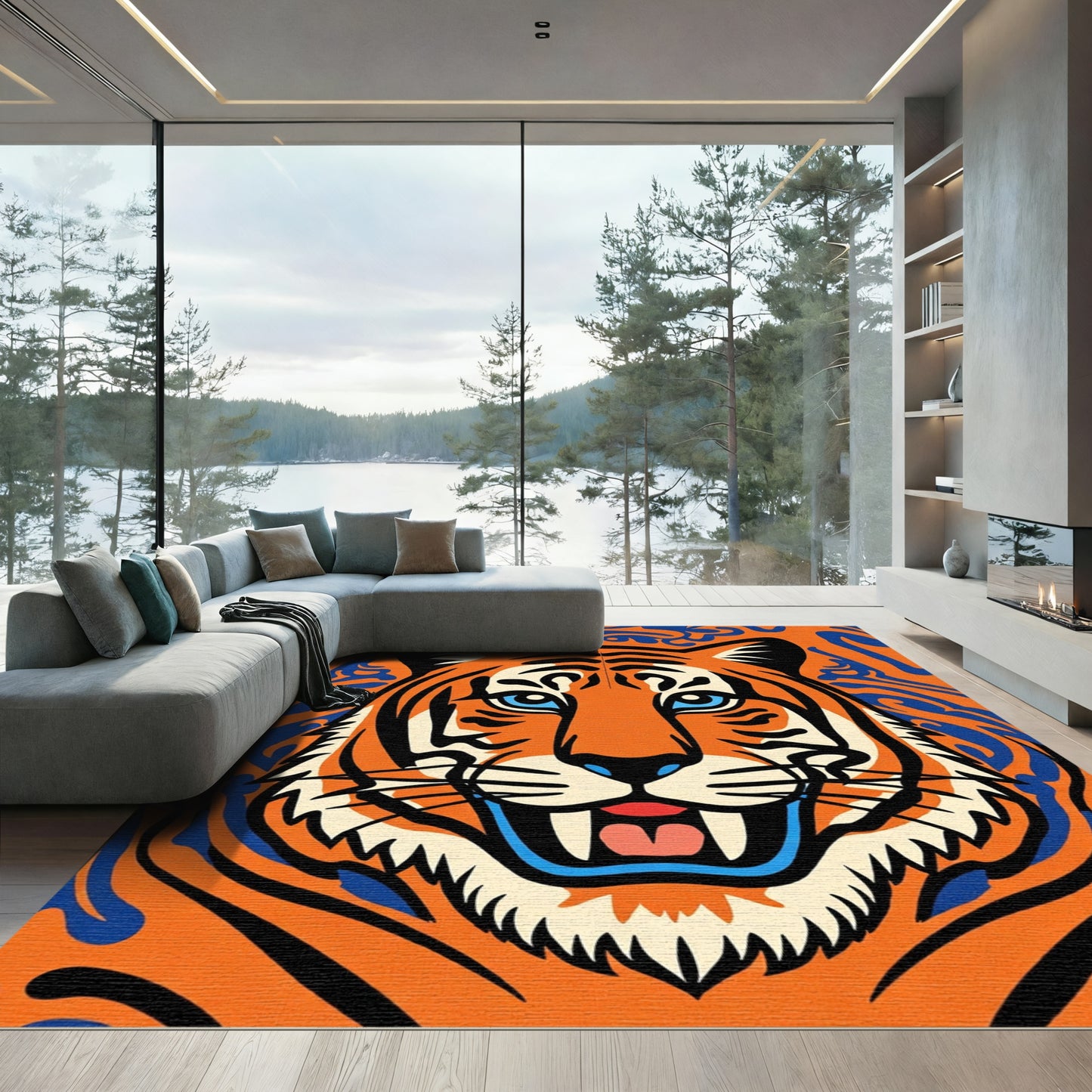 Bold Orange Blue Tiger Face Rug