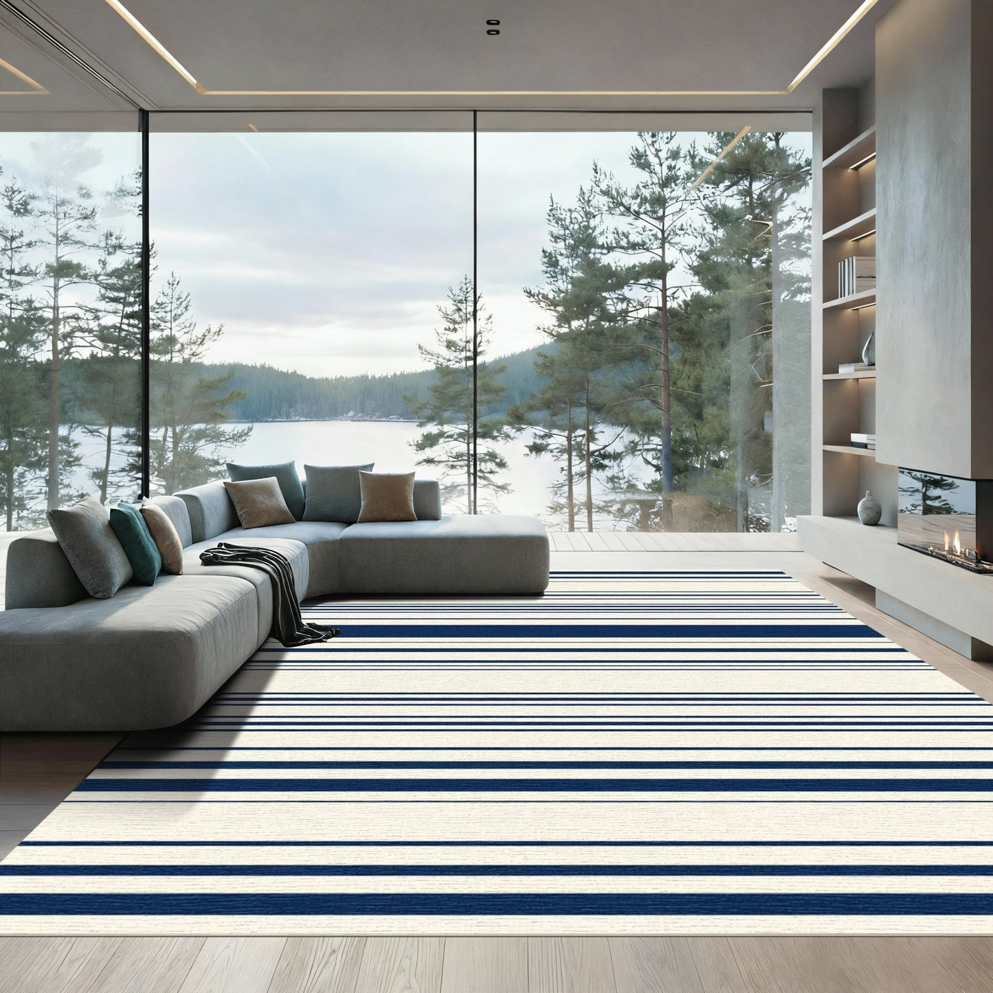 Navy Cream Horizontal Stripe Rug