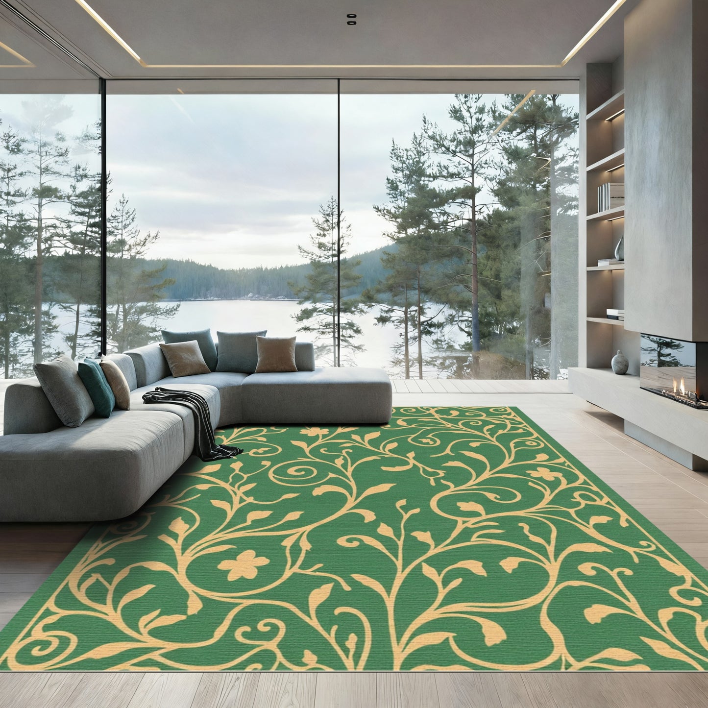 Emerald Green Floral Vine Swirls Rug