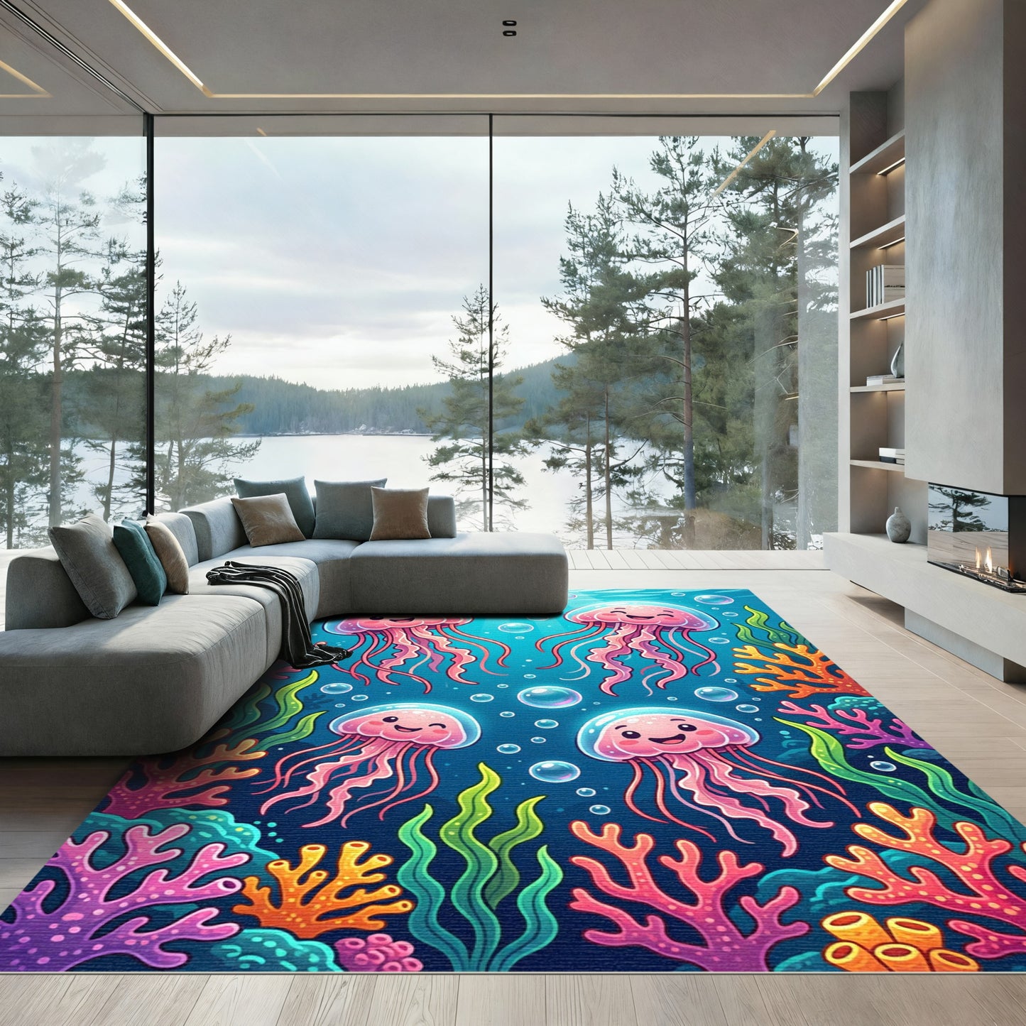Whimsical Underwater Pink Jellyfish Coral Reef Rug