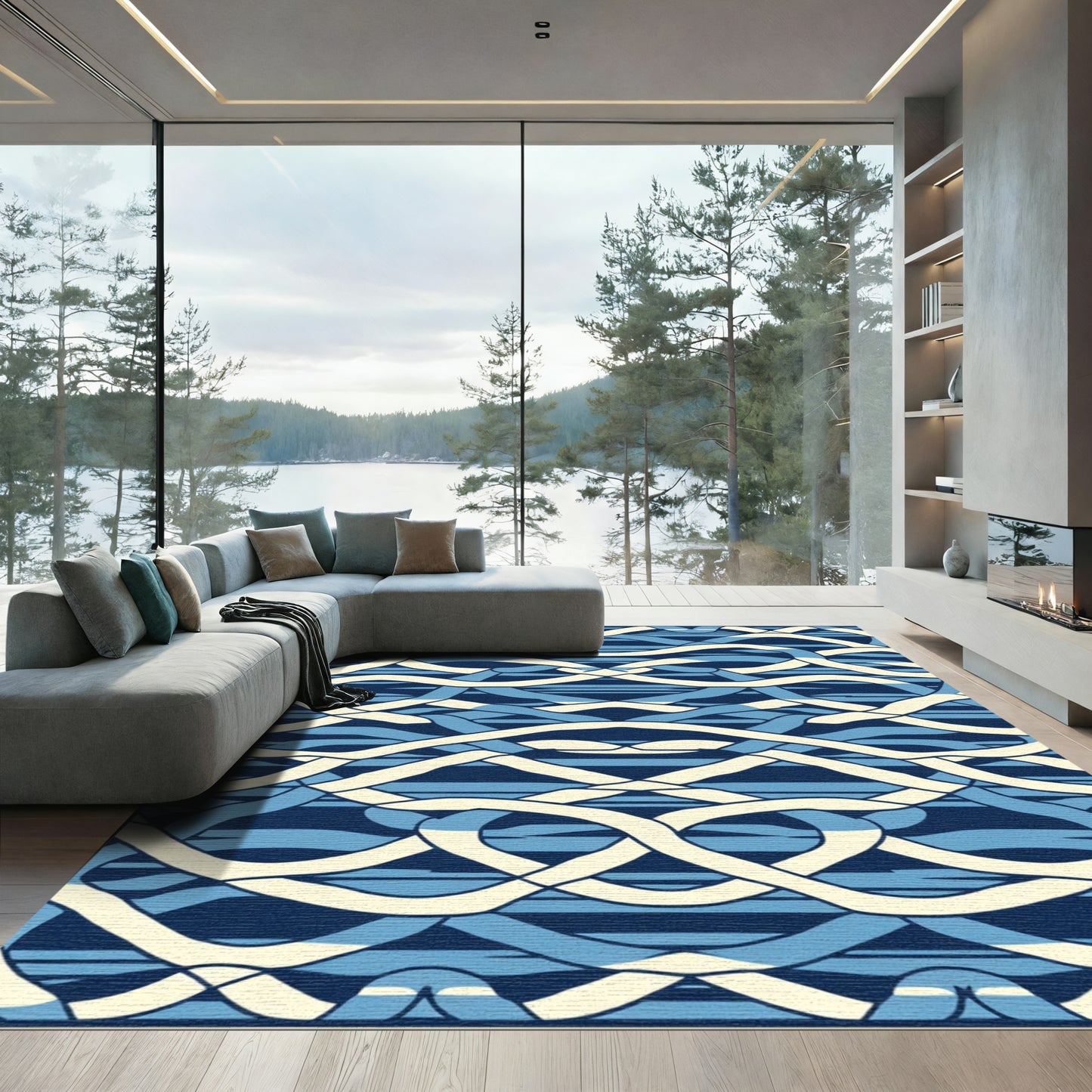 Intertwined Blue Waves Cream Ribbon Rug