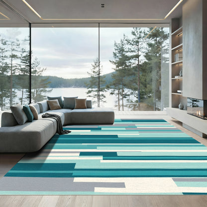 Teal Gray And Cream Stripe Layout Rug