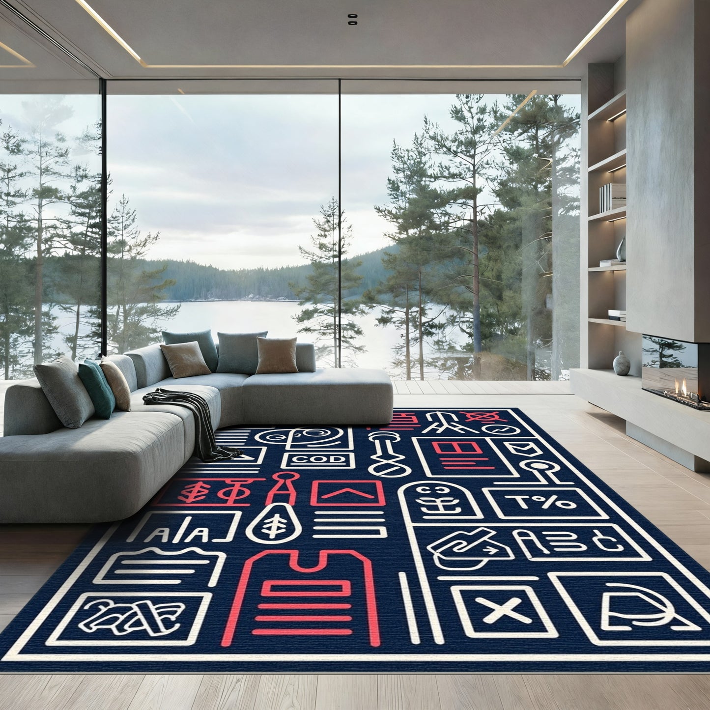 Blue White Red Graphic Symbols Rug