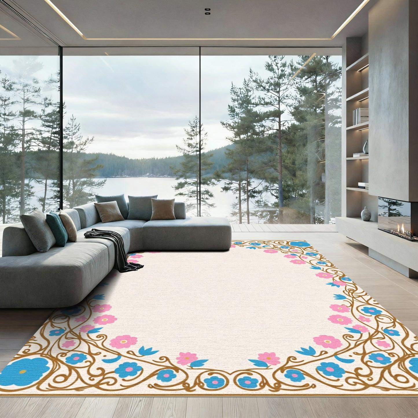Whimsical Blue Pink Floral Vines Rug