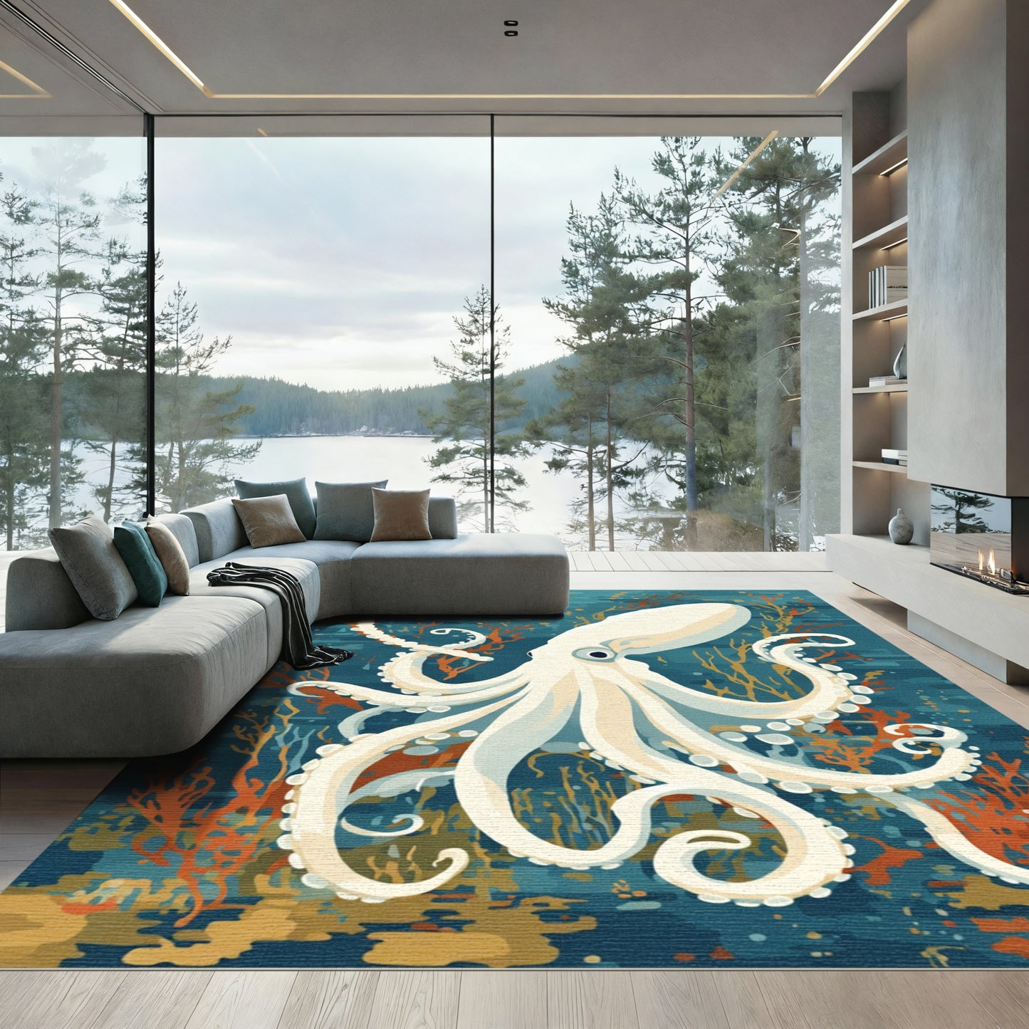 White Octopus Coral Reef Scene Rug