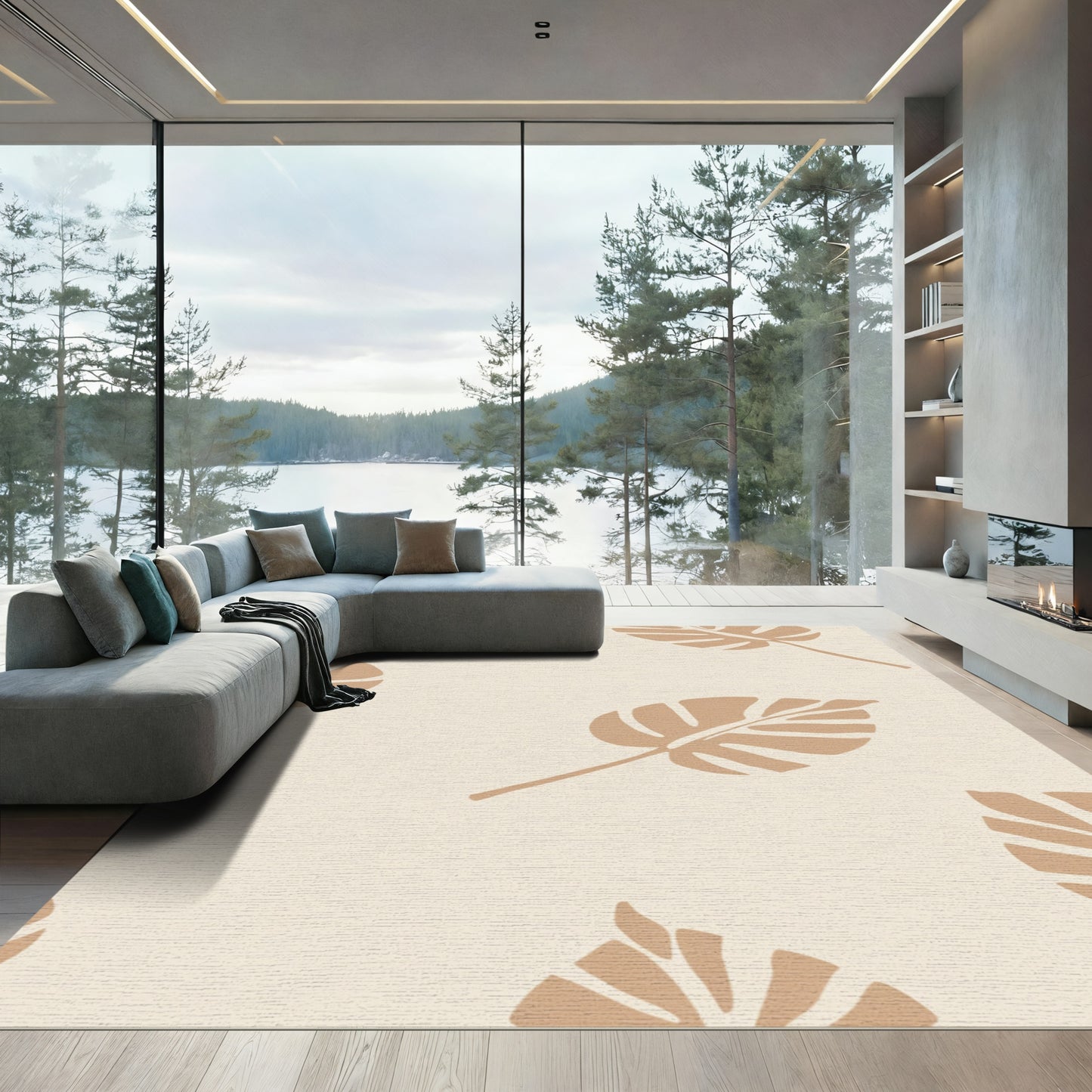 Neutral Beige Tropical Leaf Repetition Rug