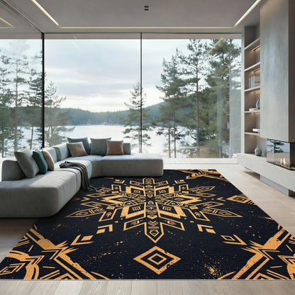 Golden Tribal Snowflake Geometric Charcoal Rug