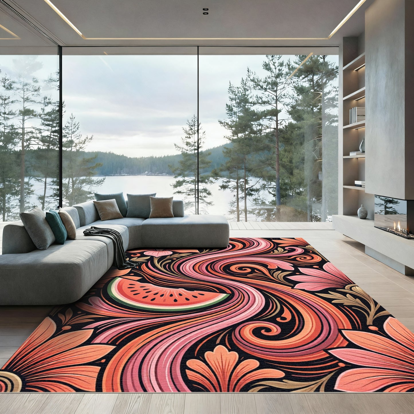 Coral Floral Swirl Watermelon Abstract Rug