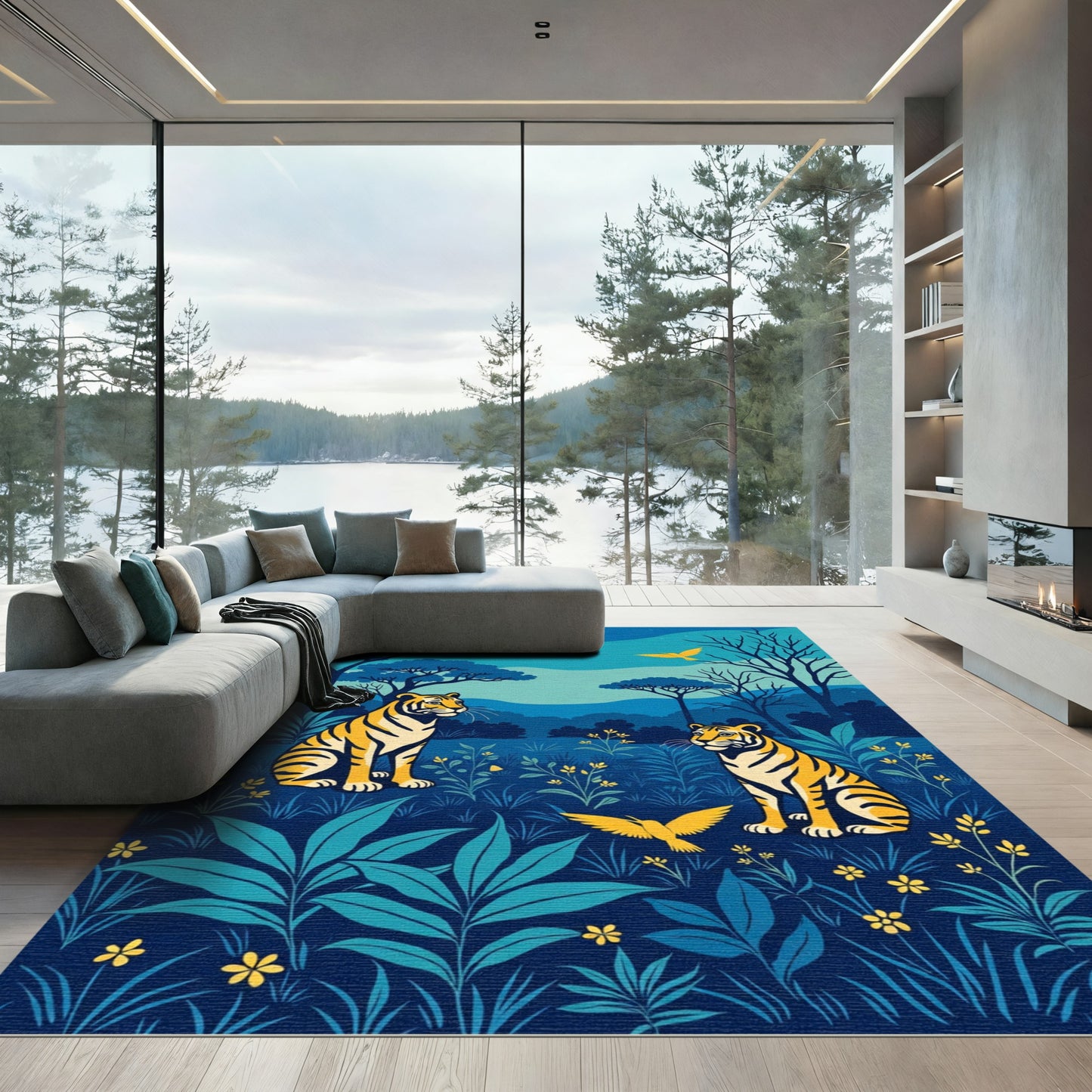 Golden Birds Tiger Jungle Scene Rug
