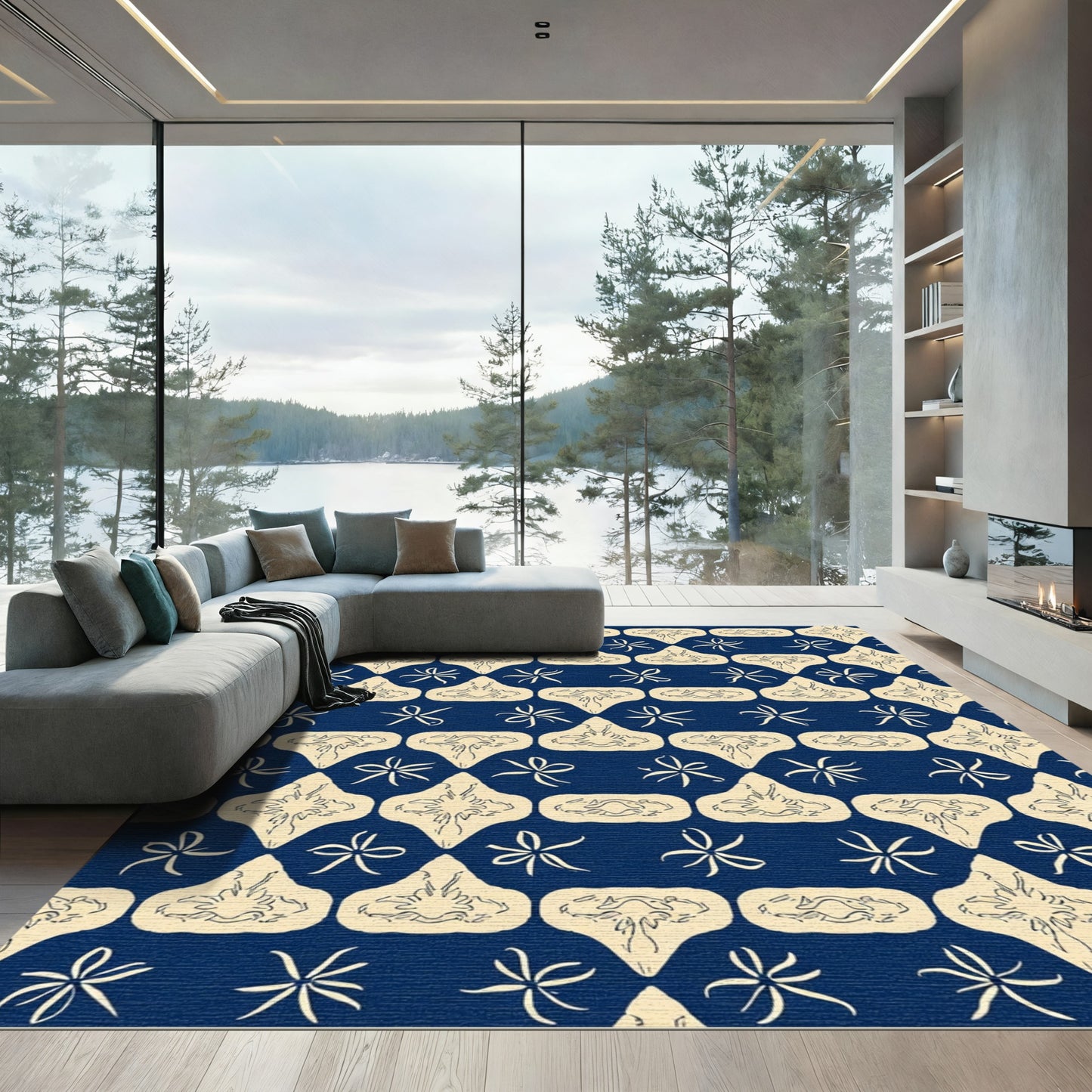 Navy Beige Starburst Medallion Rug