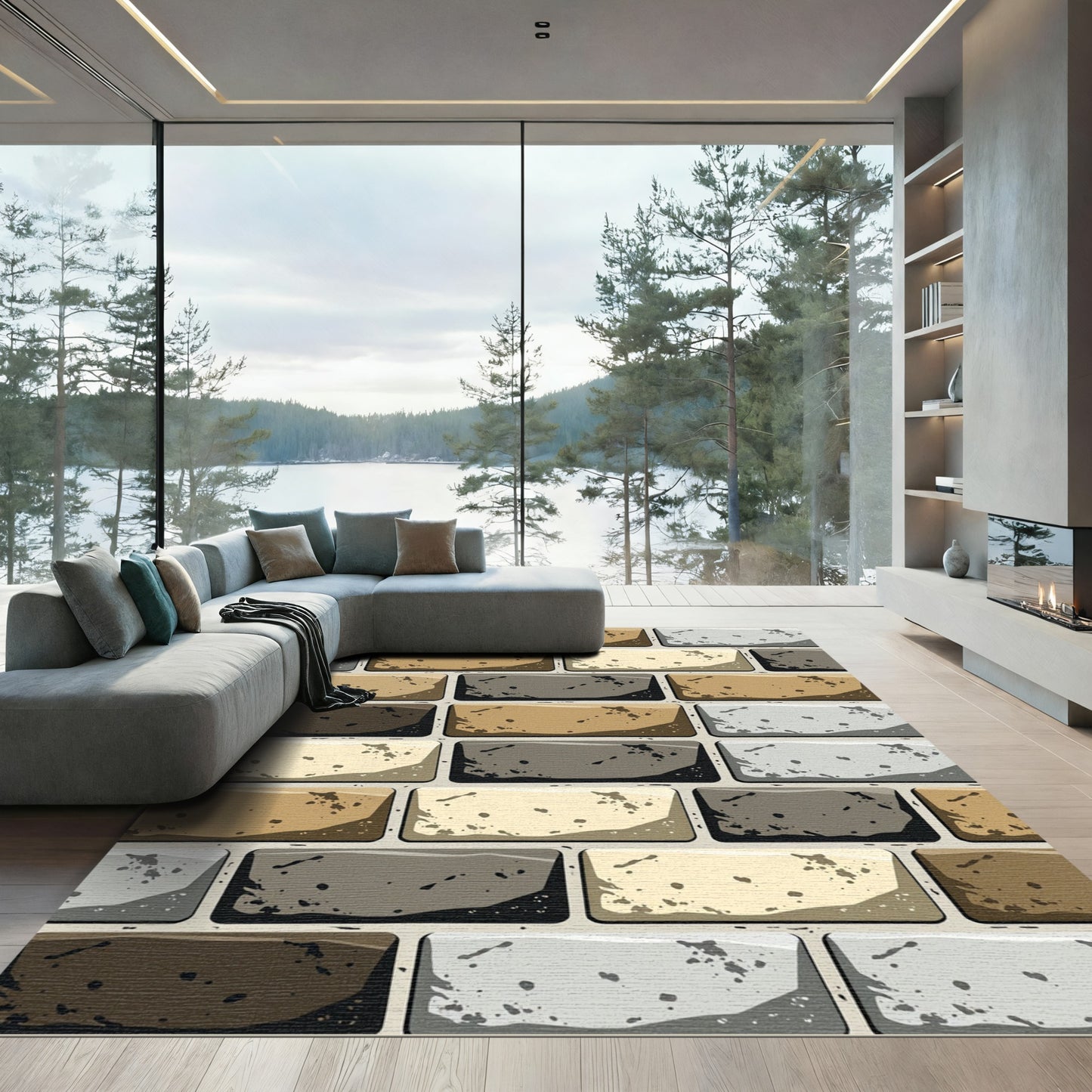 Earthy Tonal Textured Brick Wall Rug