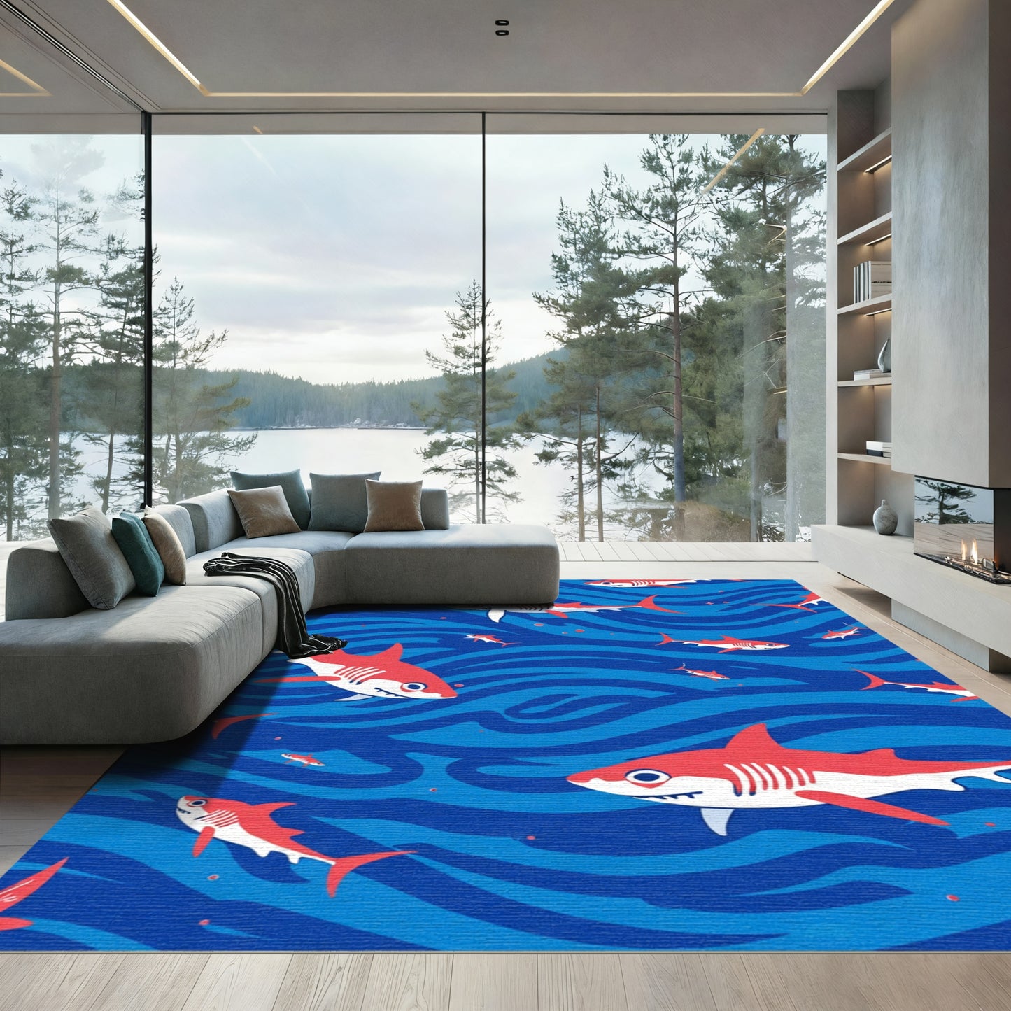Red Sharks Amidst Blue Waves Rug
