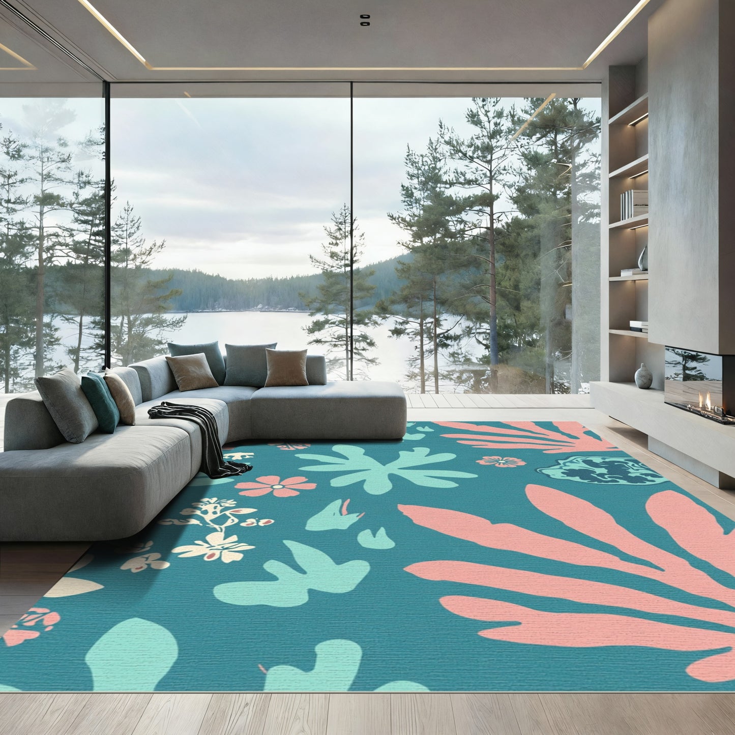 Teal Coral Blossom Leaf Arrangement Rug
