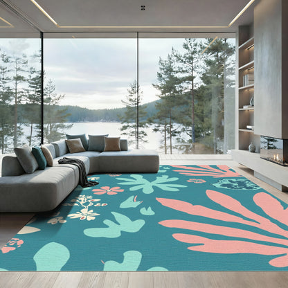 Teal Coral Blossom Leaf Arrangement Rug