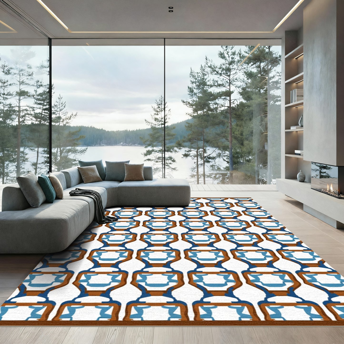 Brown Blue Repeating Geometric Lattice Rug