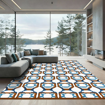 Brown Blue Repeating Geometric Lattice Rug