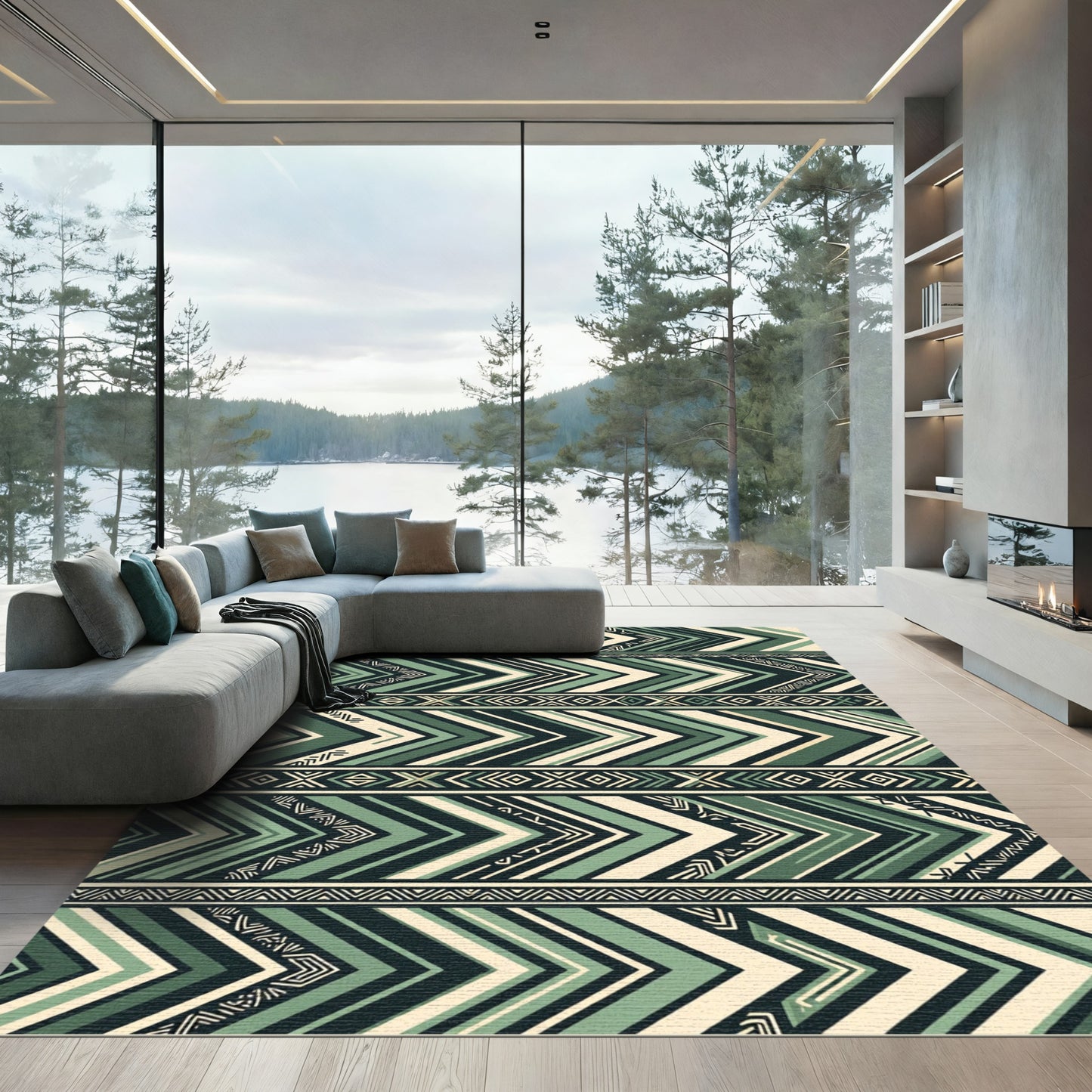 Geometric Sage Green Chevron Stripe Rug