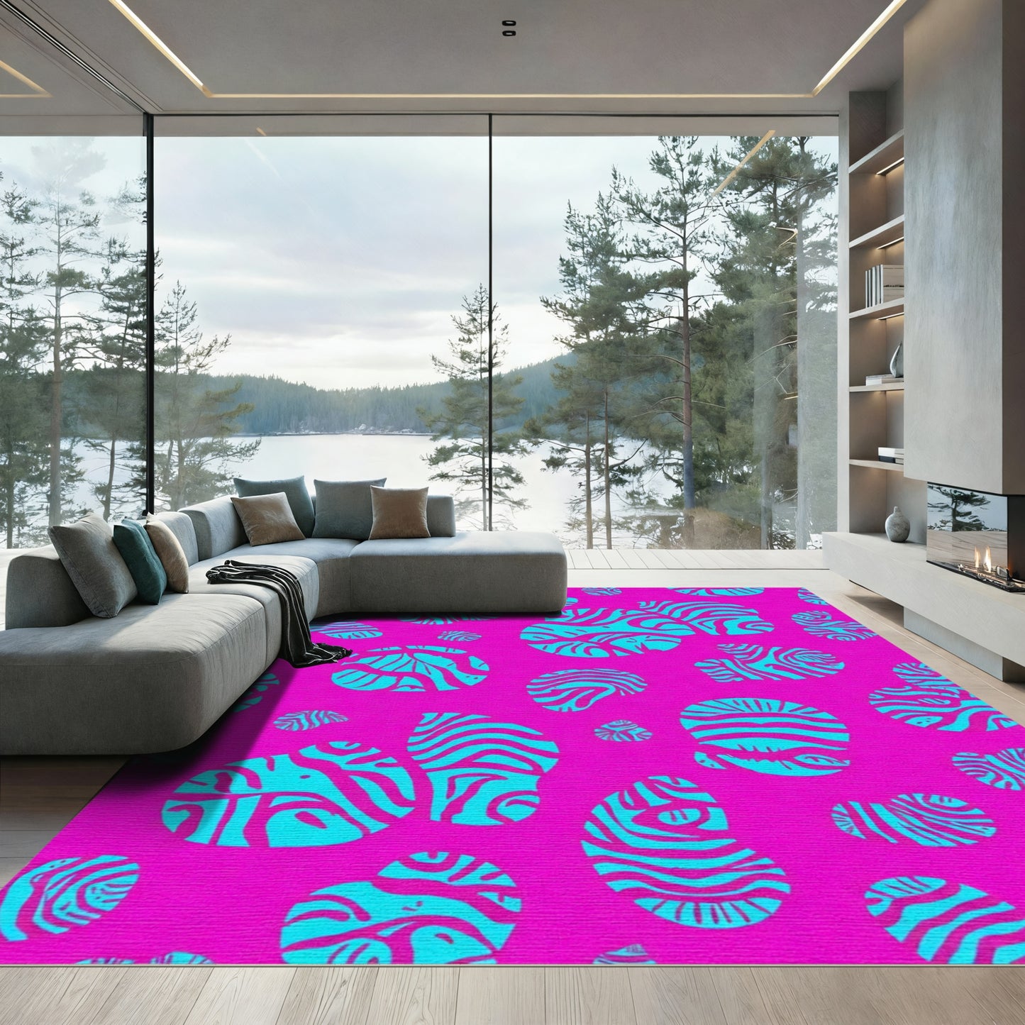 Bright Pink Teal Abstract Blobs Rug