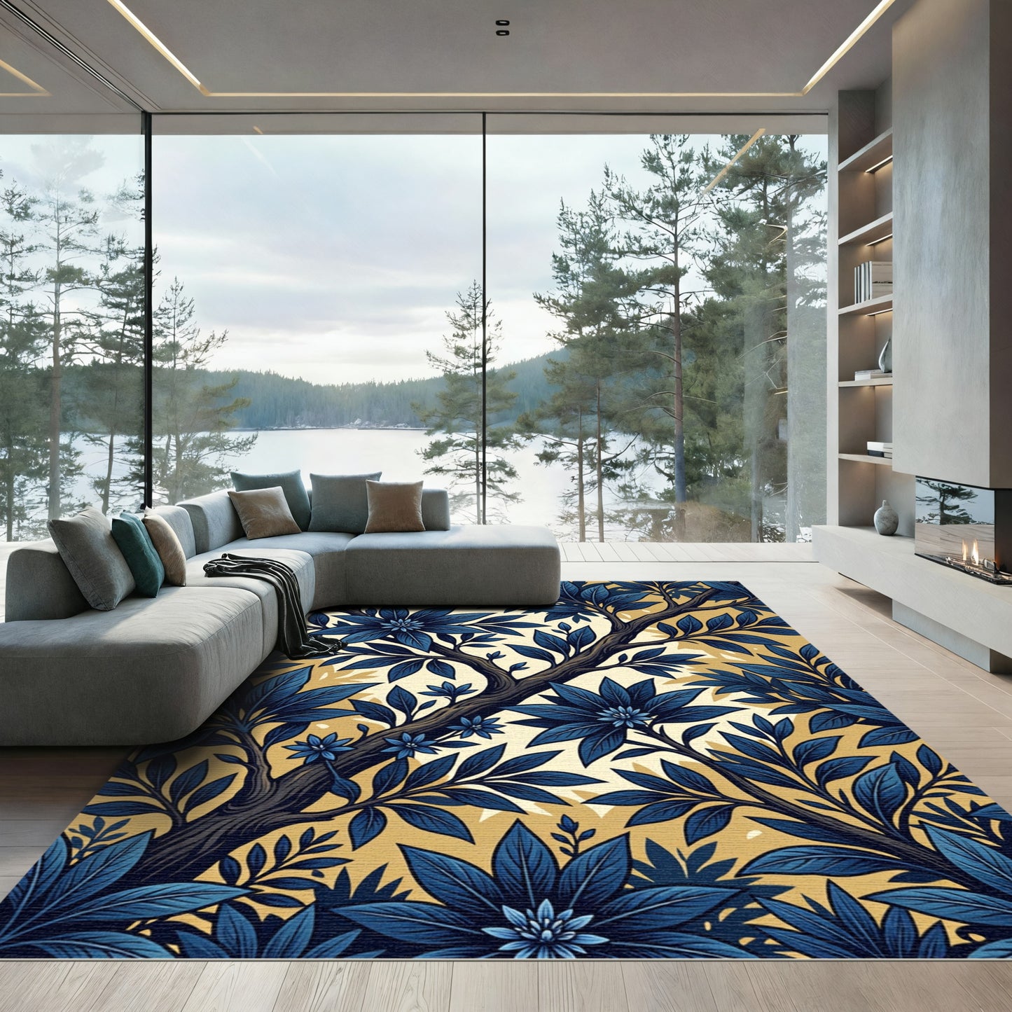 Deep Blue Floral Tree Branch Rug