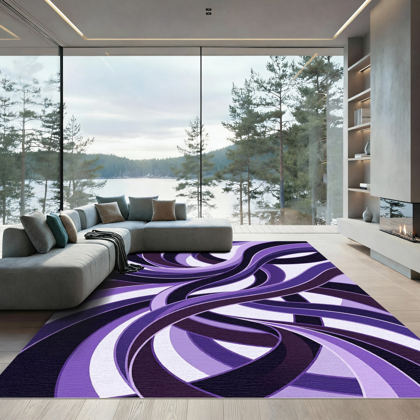 Modern Abstract Purple Flowing Wave Rug