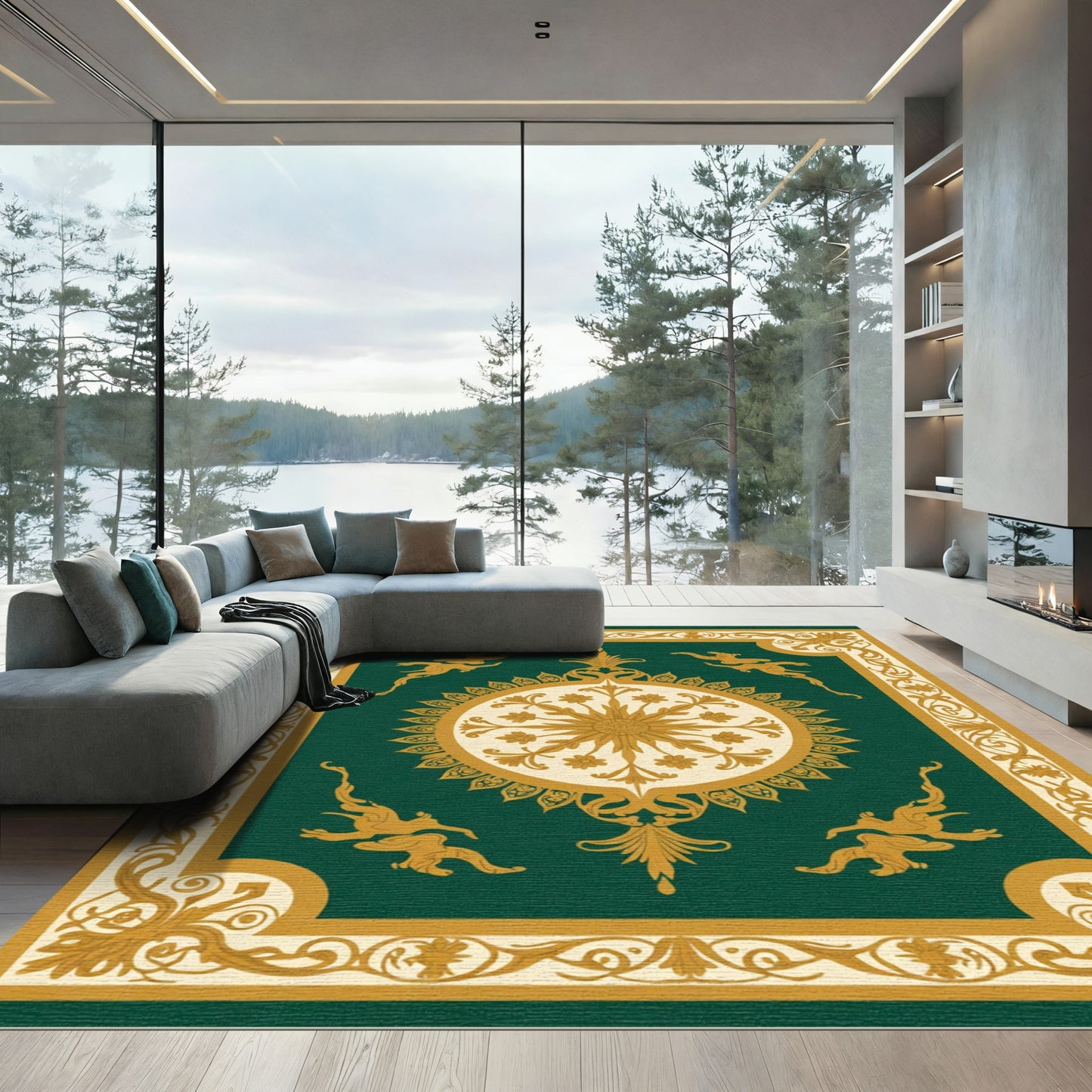 Ornate Gold Griffin Emerald Medallion Rug