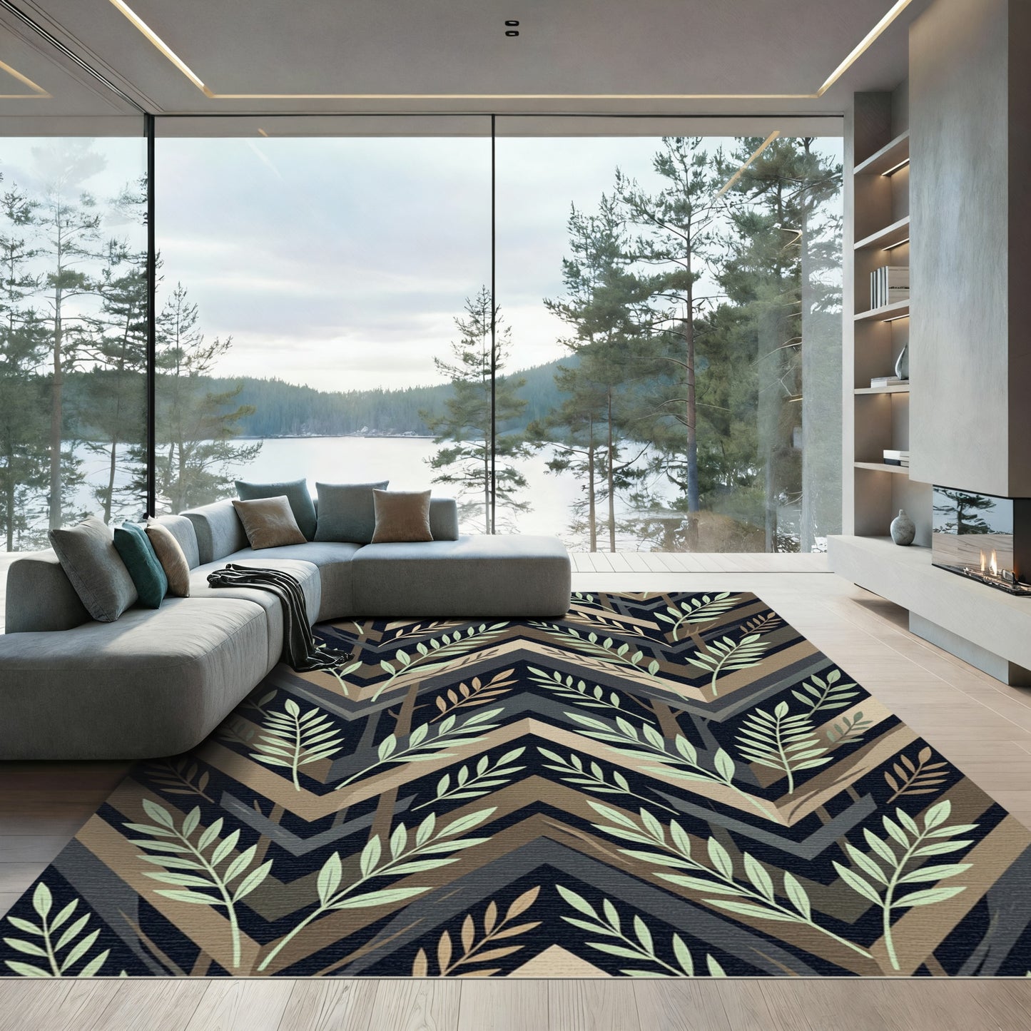 Earthy Chevron Leaf Botanical Mural Rug