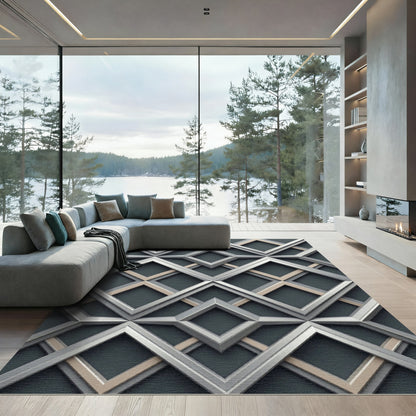 Sophisticated Gray Geometric Diamond Frame Rug