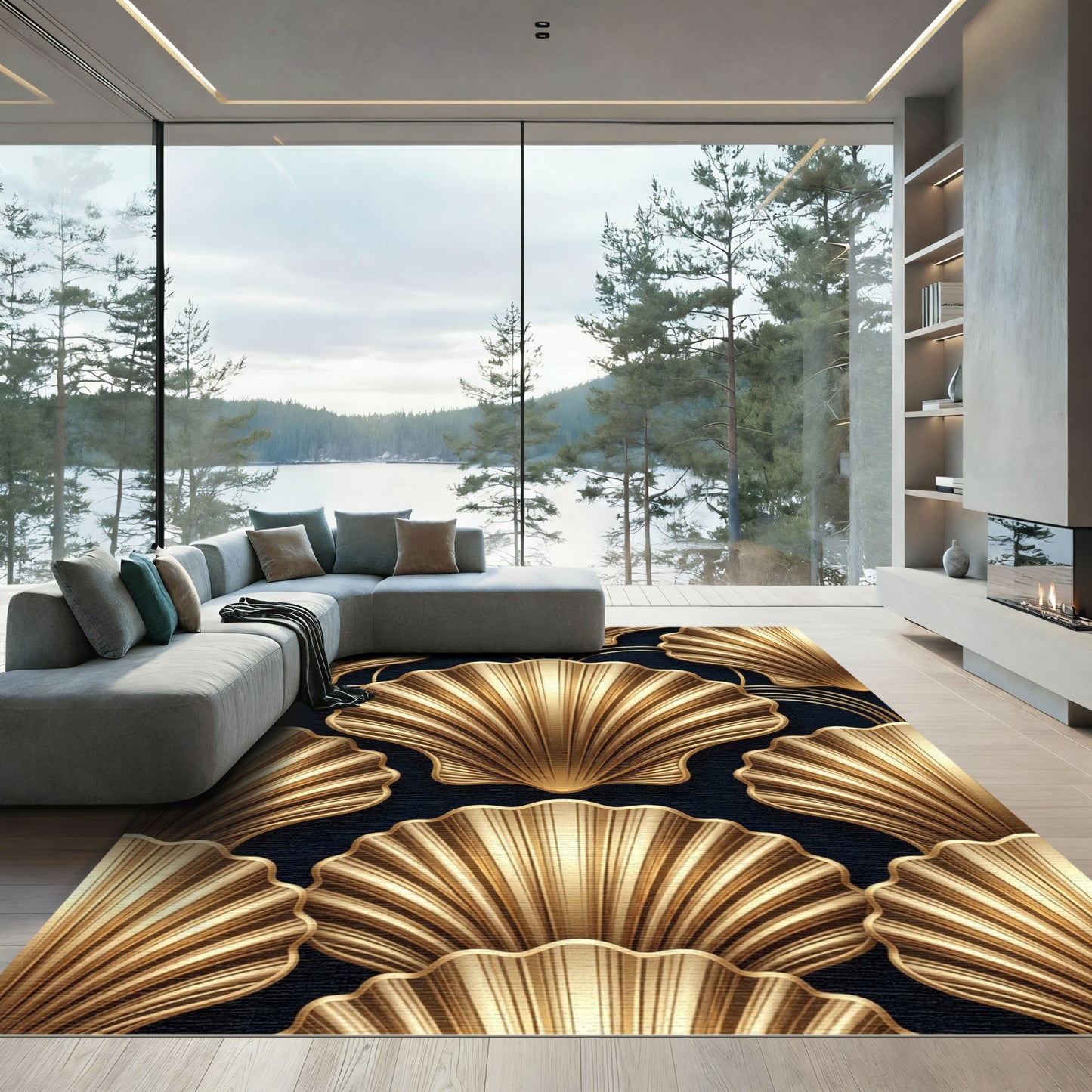 Golden Art Deco Fan Abstraction Rug