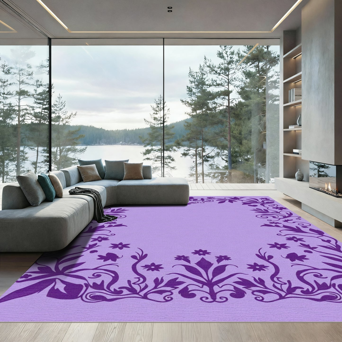 Purple Floral Vine Heart Border Rug