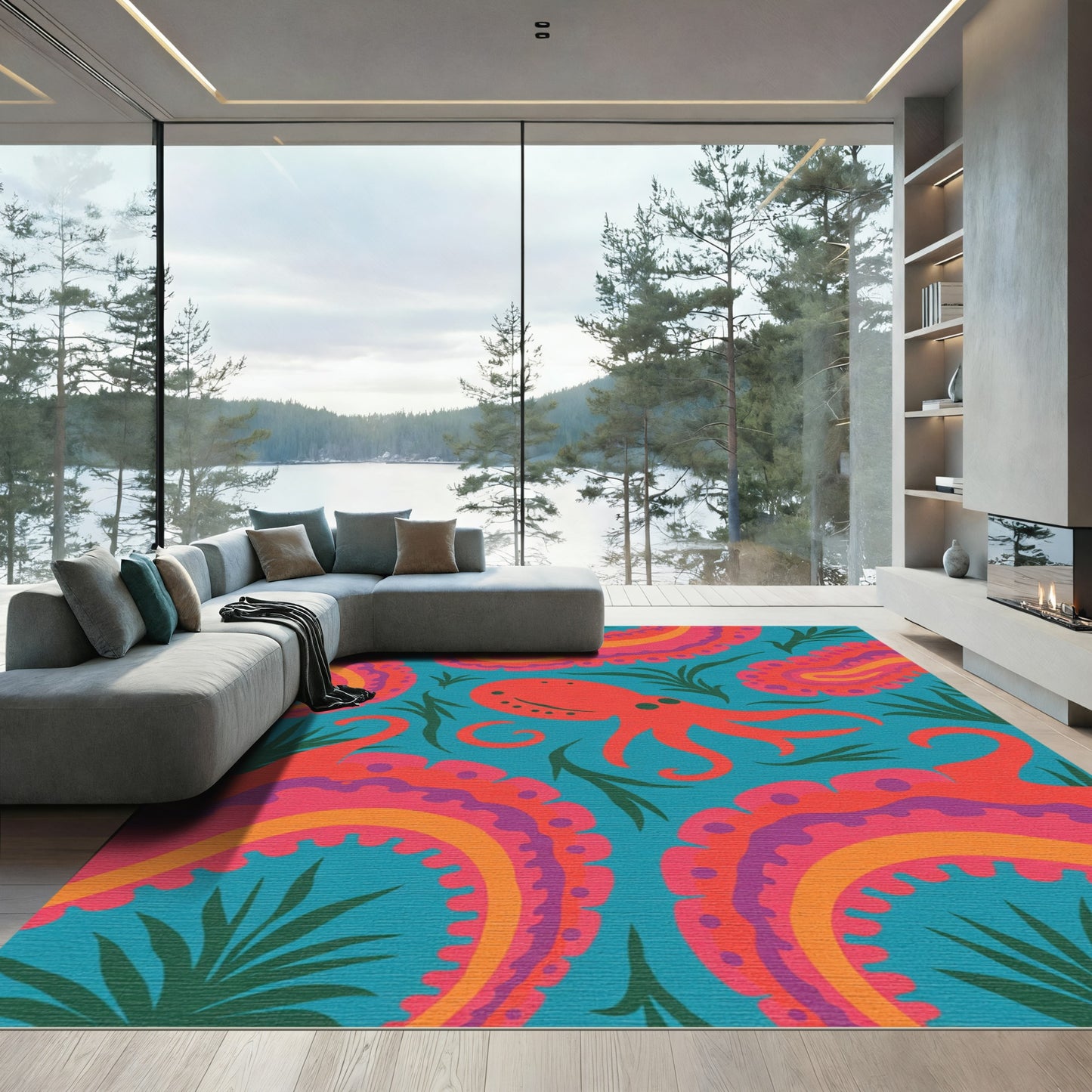 Vibrant Coral Octopus Paisley Swirls Rug