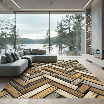 Neutral Herringbone Wood Plank Weave Rug