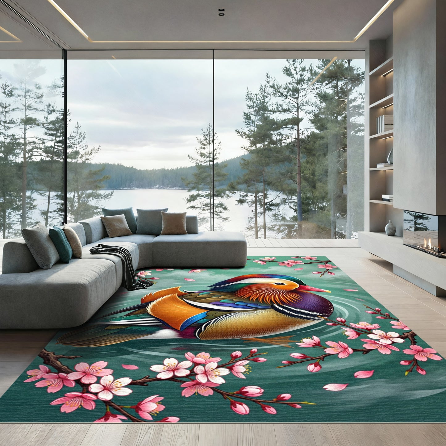 Vibrant Mandarin Duck Cherry Blossom Rug
