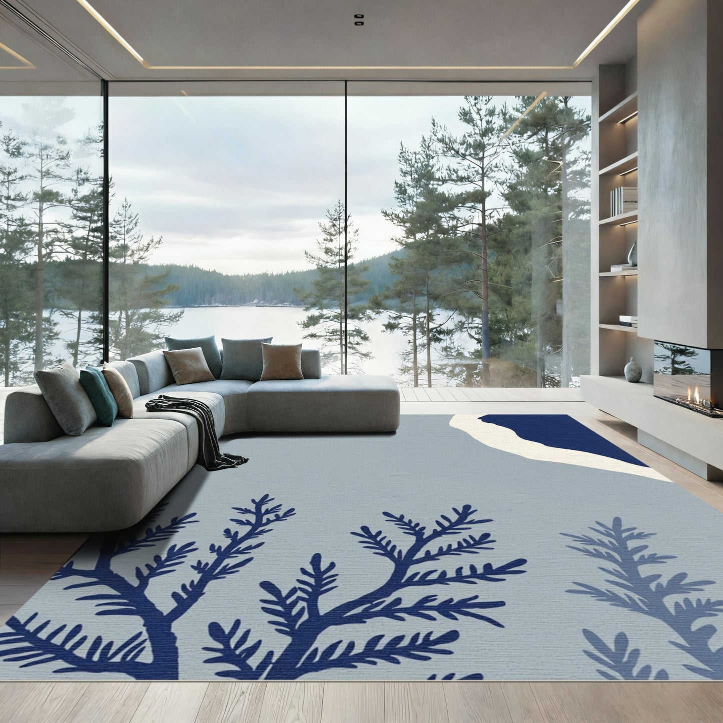 Navy Woodland Fern Abstract Rug