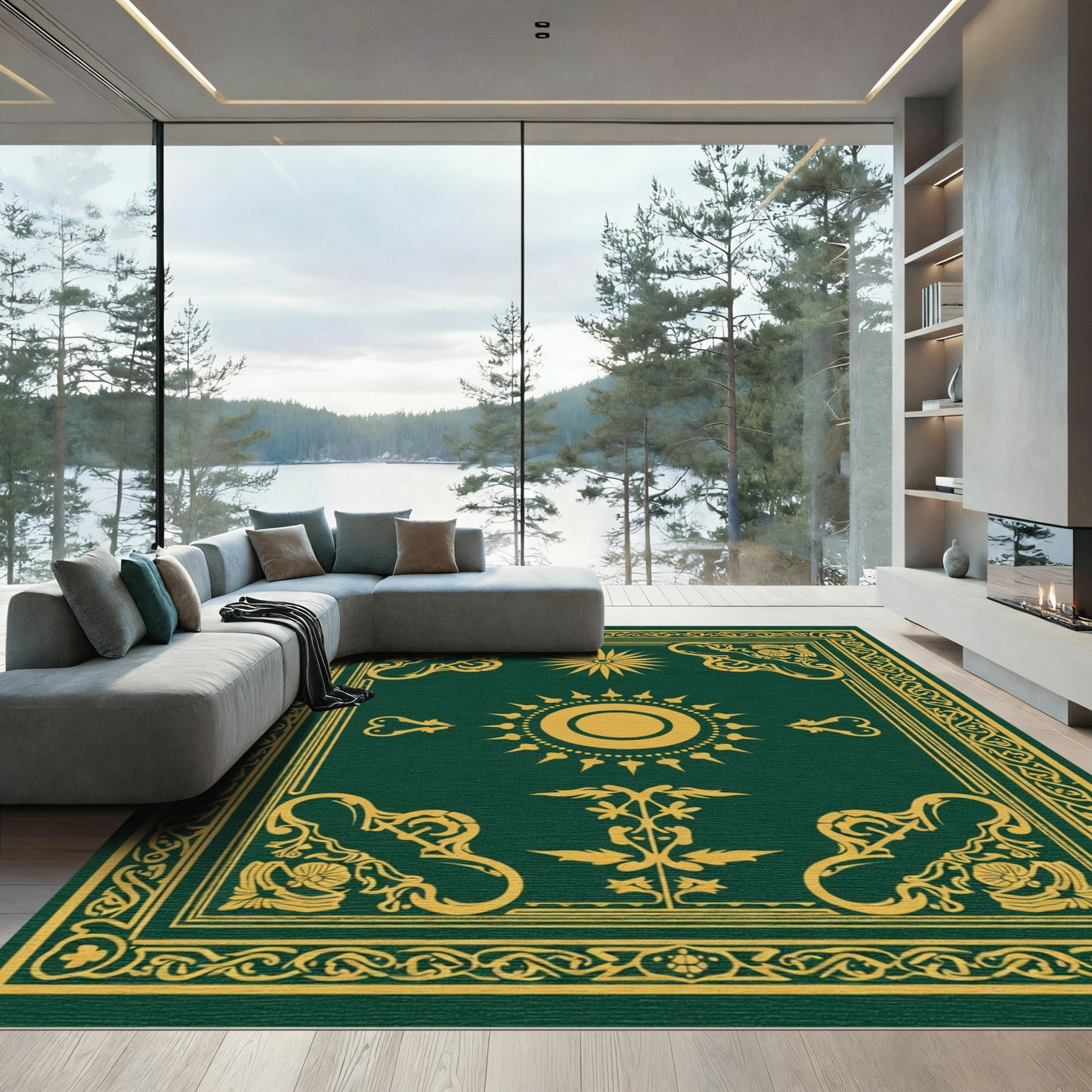 Dark Green Yellow Sun Medallion Rug