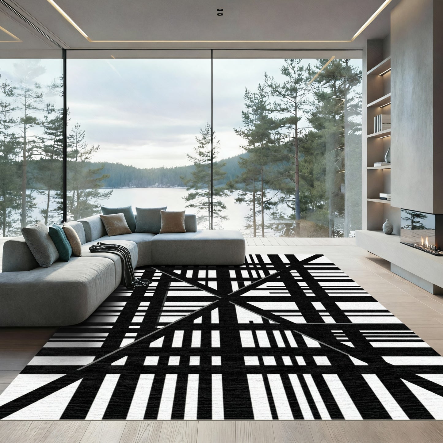Bold Black and White Geometric Lines Rug