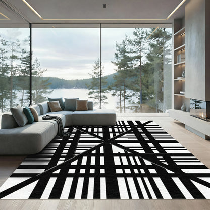 Bold Black and White Geometric Lines Rug