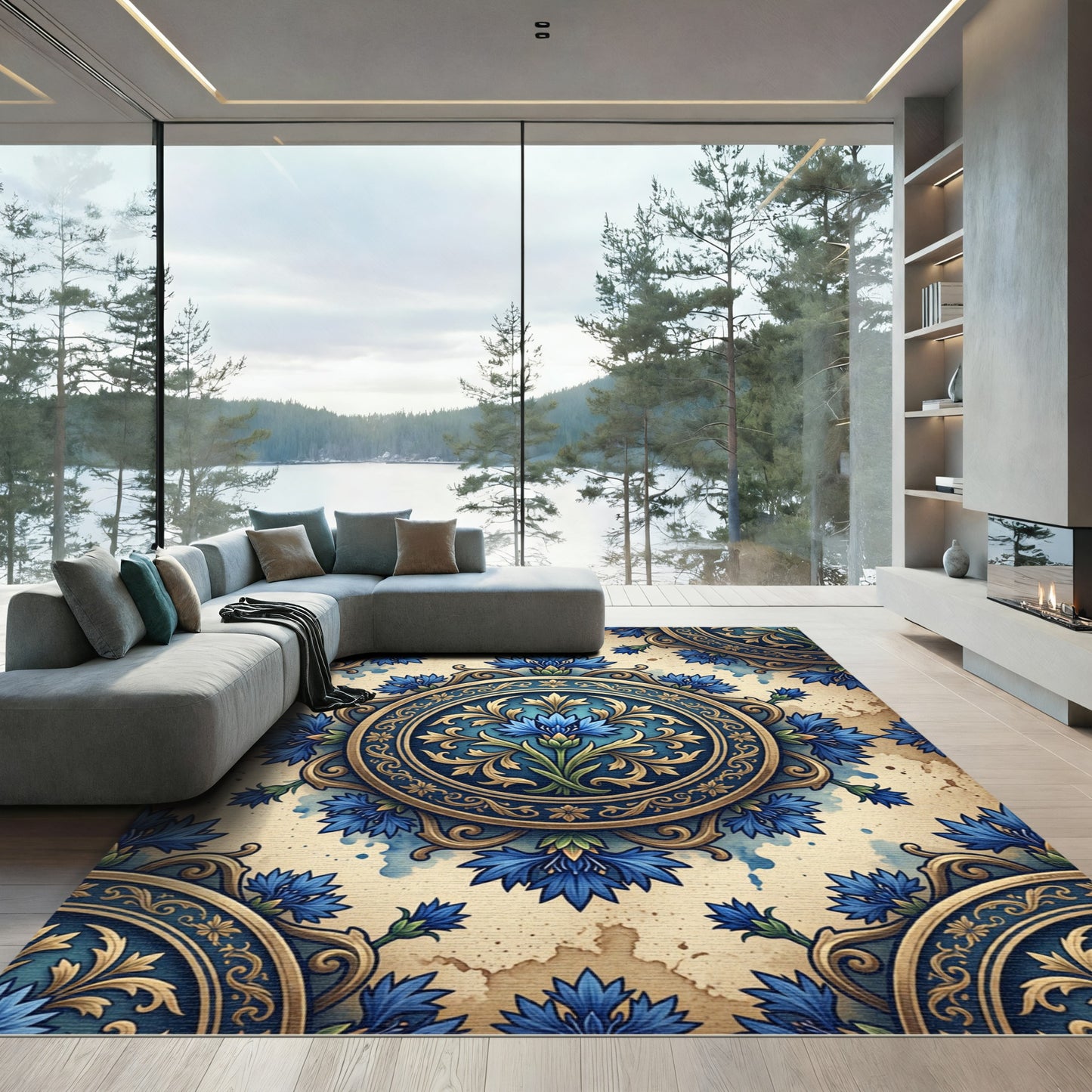 Ornate Blue Floral Medallion Rug