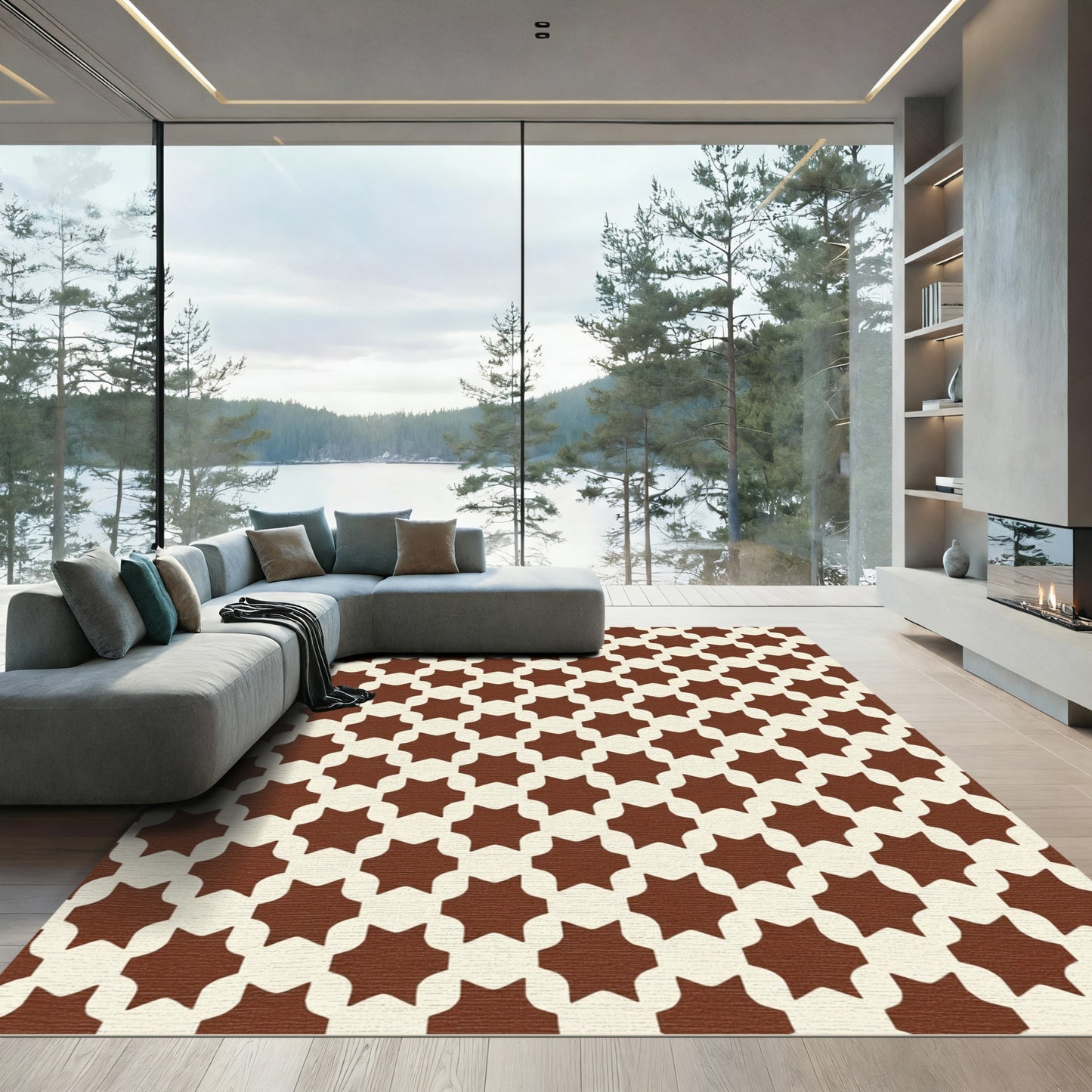 Brown Cream Geometric Starburst Rug
